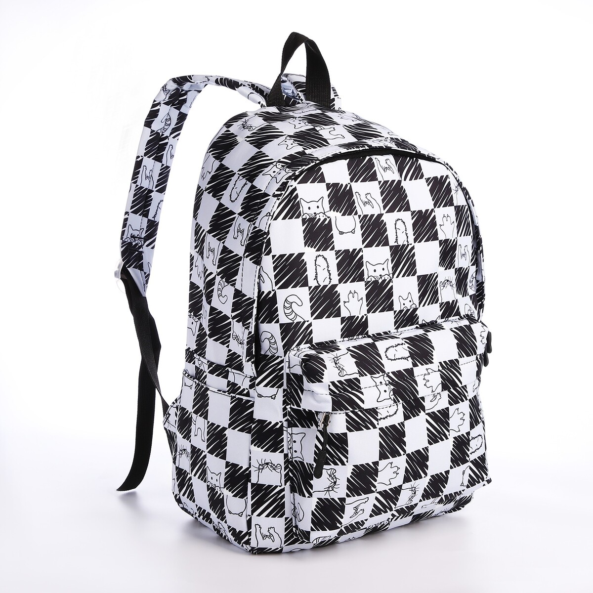Рюкзак школьный из текстиля на молнии, 4 кармана, цвет черный/белый