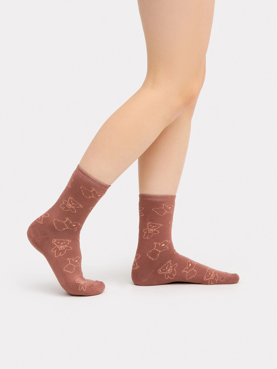 

Носки женские бежевые с плюшевым следом и рисунком в виде медвежат, Розовый;розовое дерево