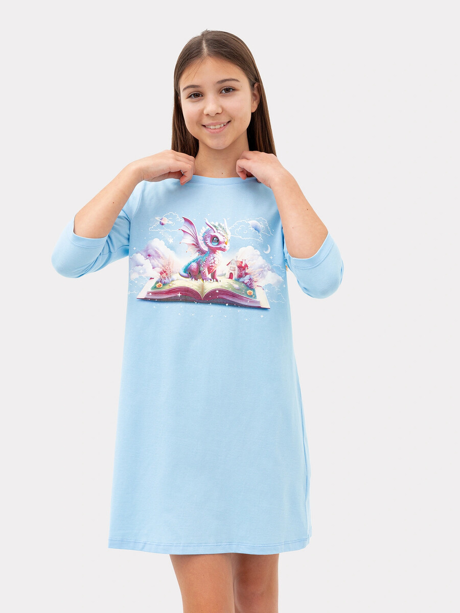 Сорочка ночная для девочек голубая с печатью ночная сорочка асселайн голубая