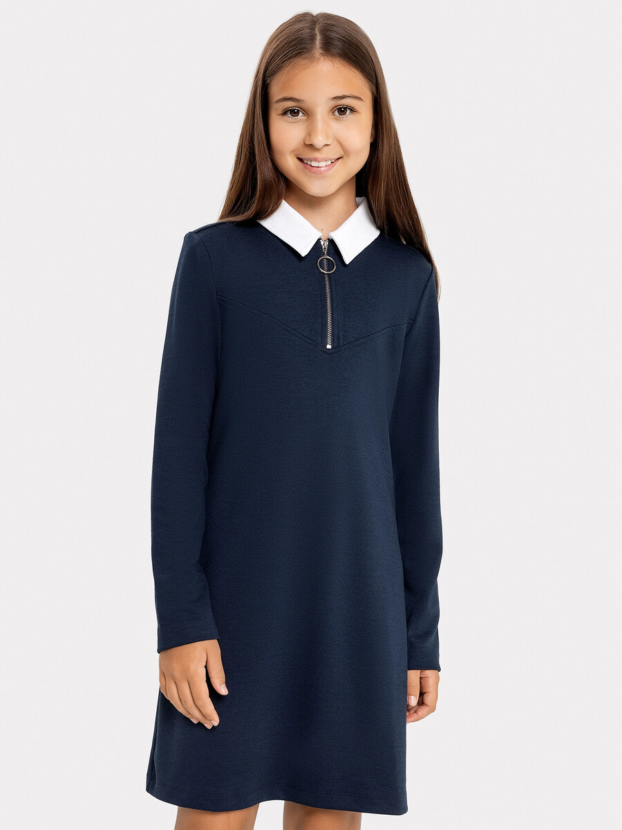 фото Полуприлегающее платье темно-синего цвета с белым воротничком для девочек mark formelle