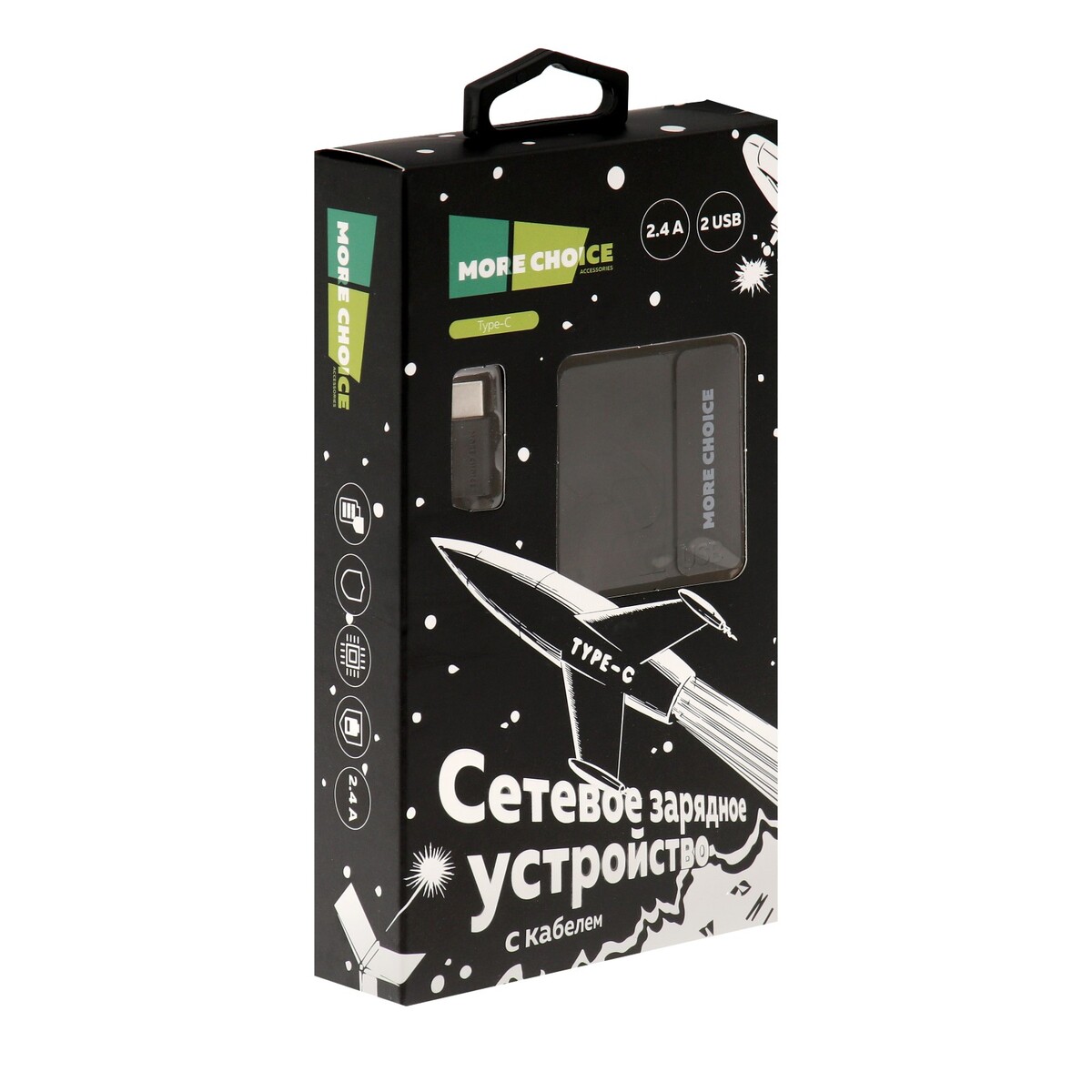 

Сетевое зарядное устройство more choice nc46a, 2 usb, 2.4 а, кабель type-c, черный
