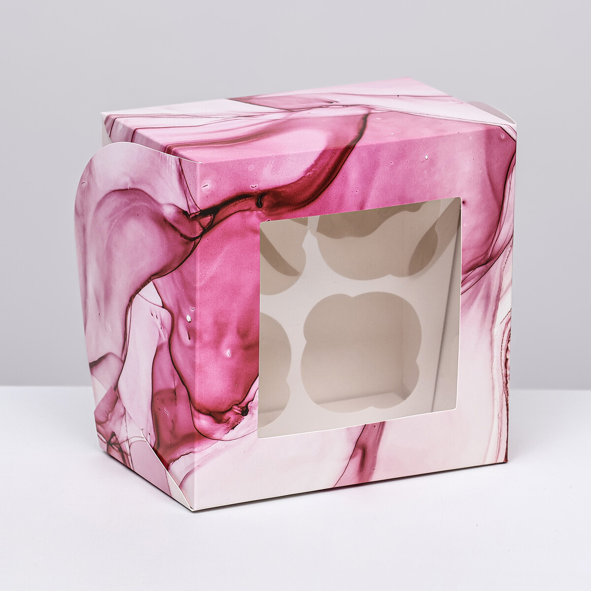Упаковка на 4 капкейков с окном , UPAK LAND, цвет розовый
