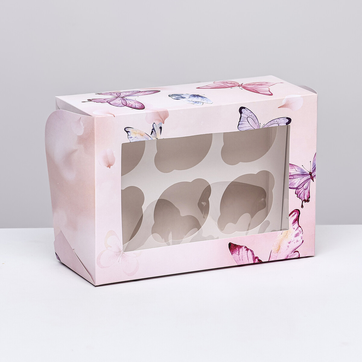 Упаковка на 6 капкейков с окном , UPAK LAND, цвет розовый