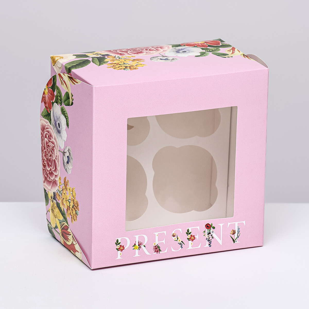 Упаковка на 4 капкейков с окном , UPAK LAND, цвет розовый