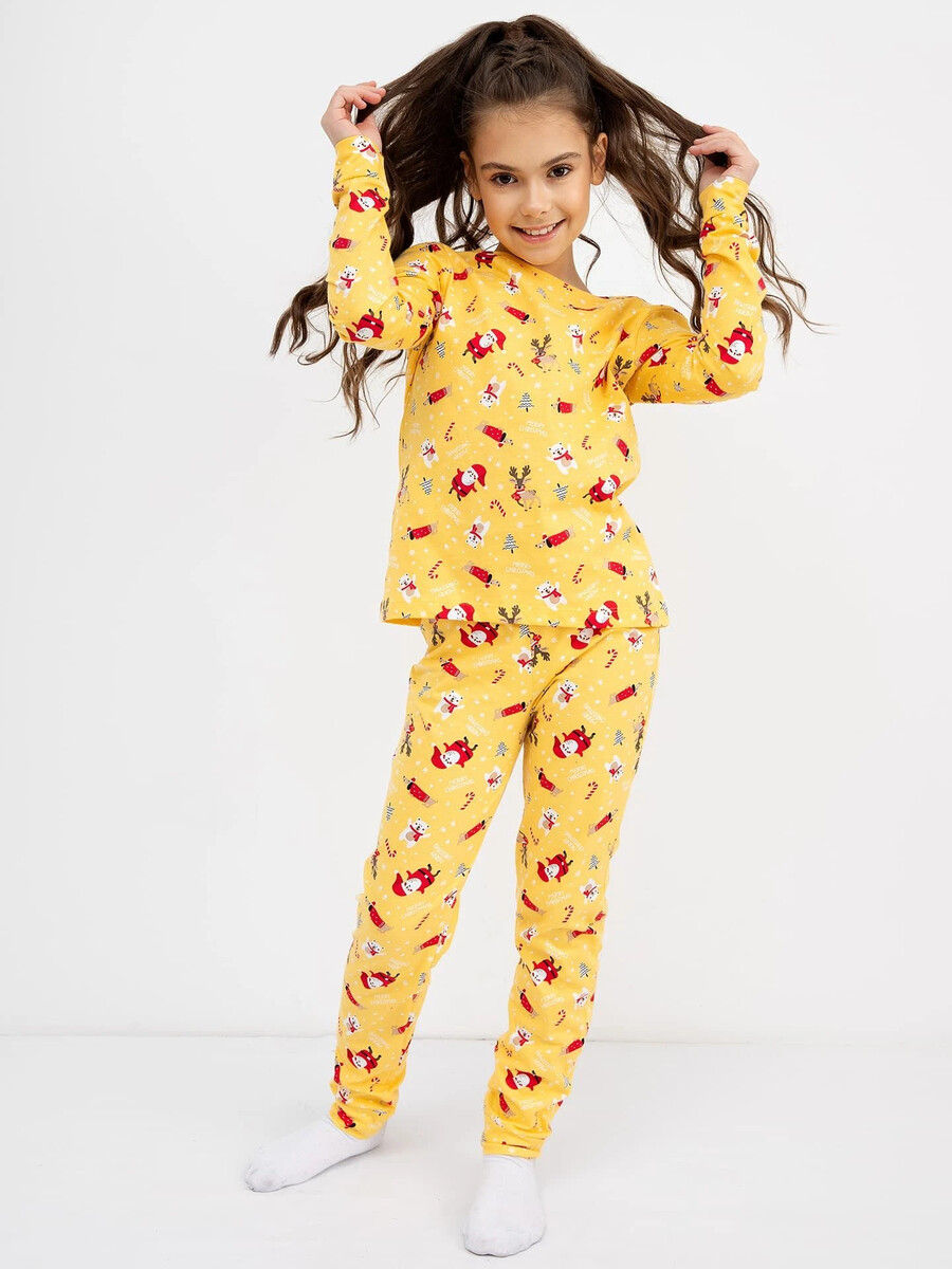 Хлопковая пижама для девочек (лонглсив и брюки) пижама с новогодним принтом для девочек