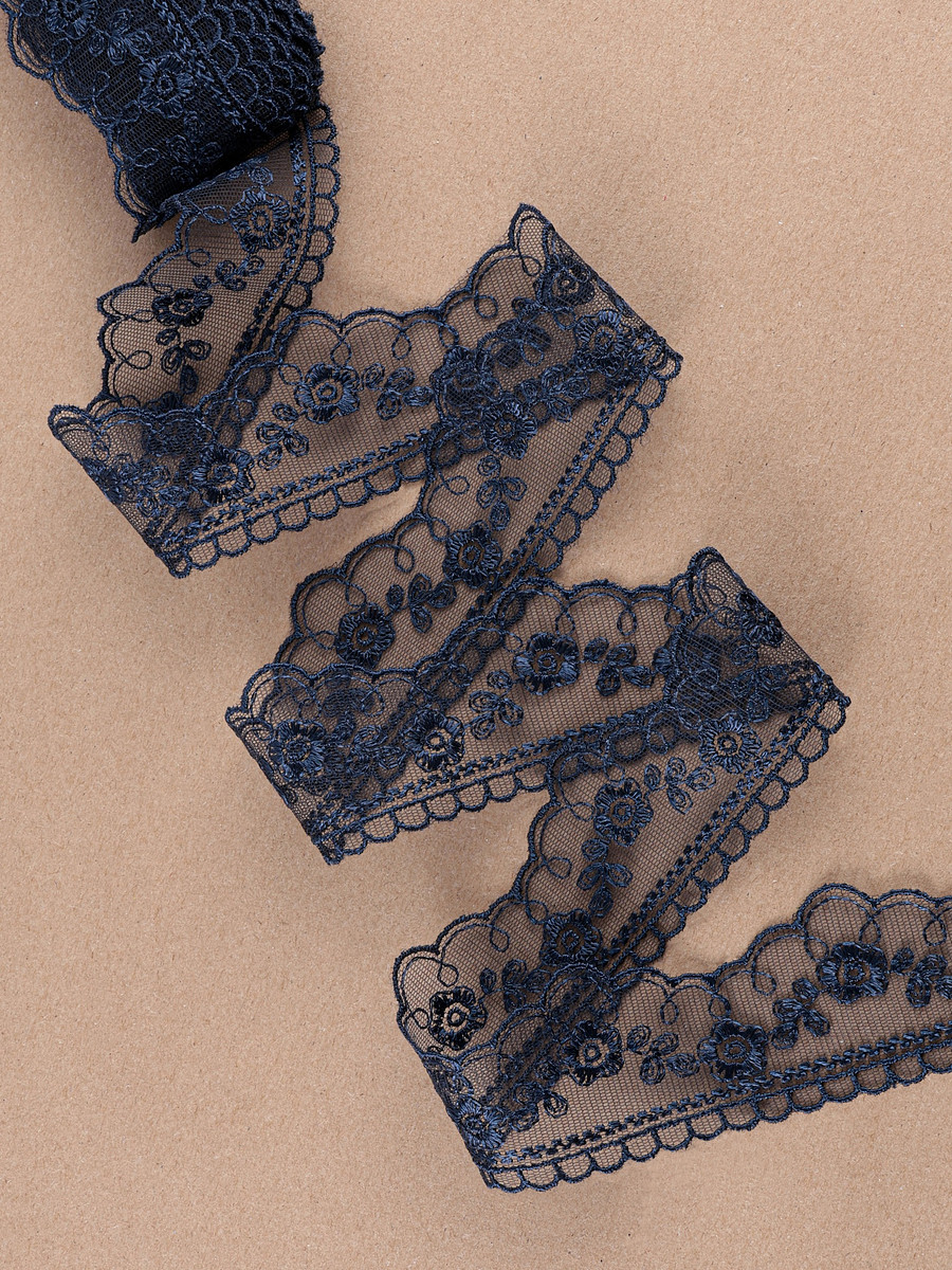 

Кружево на сетке, 40 мм, 11±1 м, темно-синее, Синий