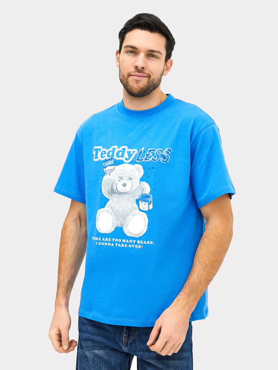 Футболка мужская ярко-голубая с печатью футболка мужская в голубая с текстовым принтом