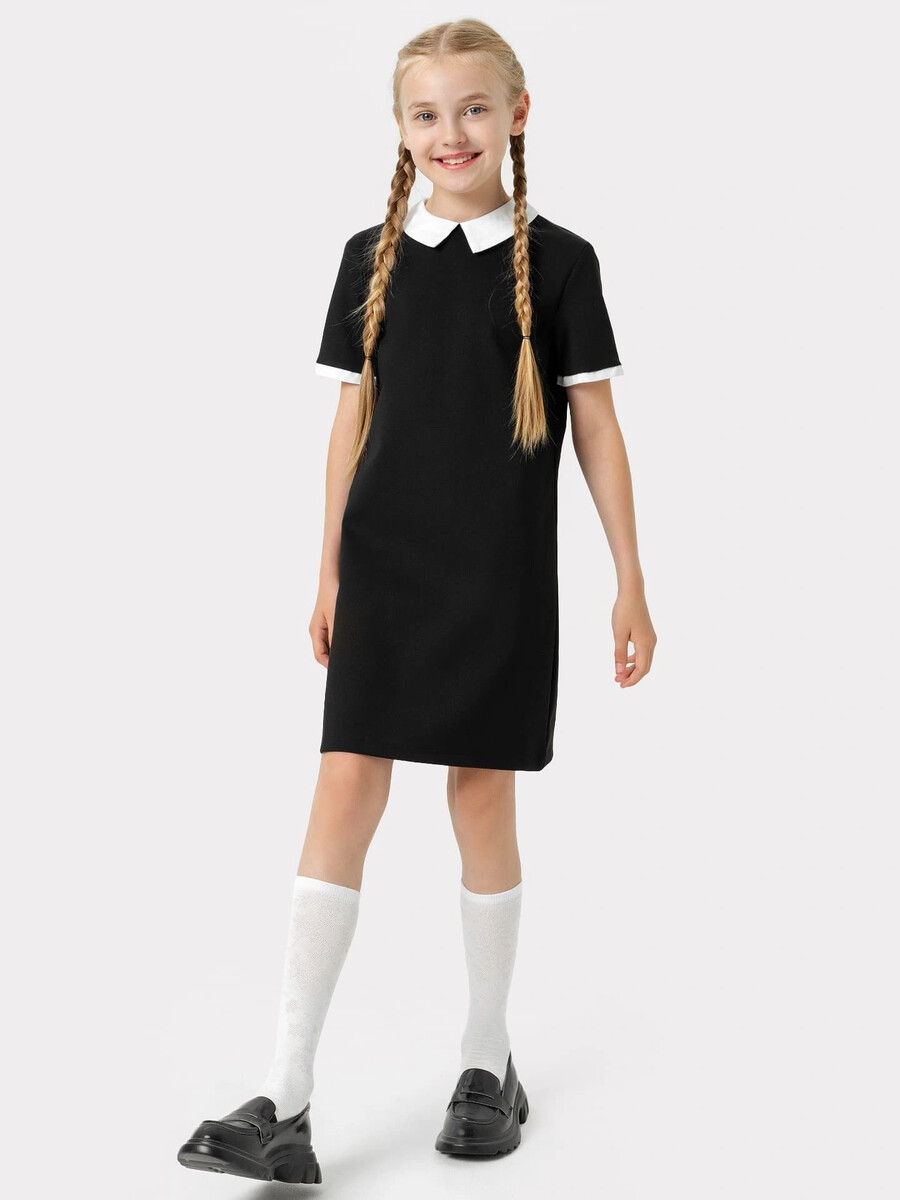 Платье черное с белым воротником и вставкой в рукавах для девочек платье с воротником holivin карусель бежевое