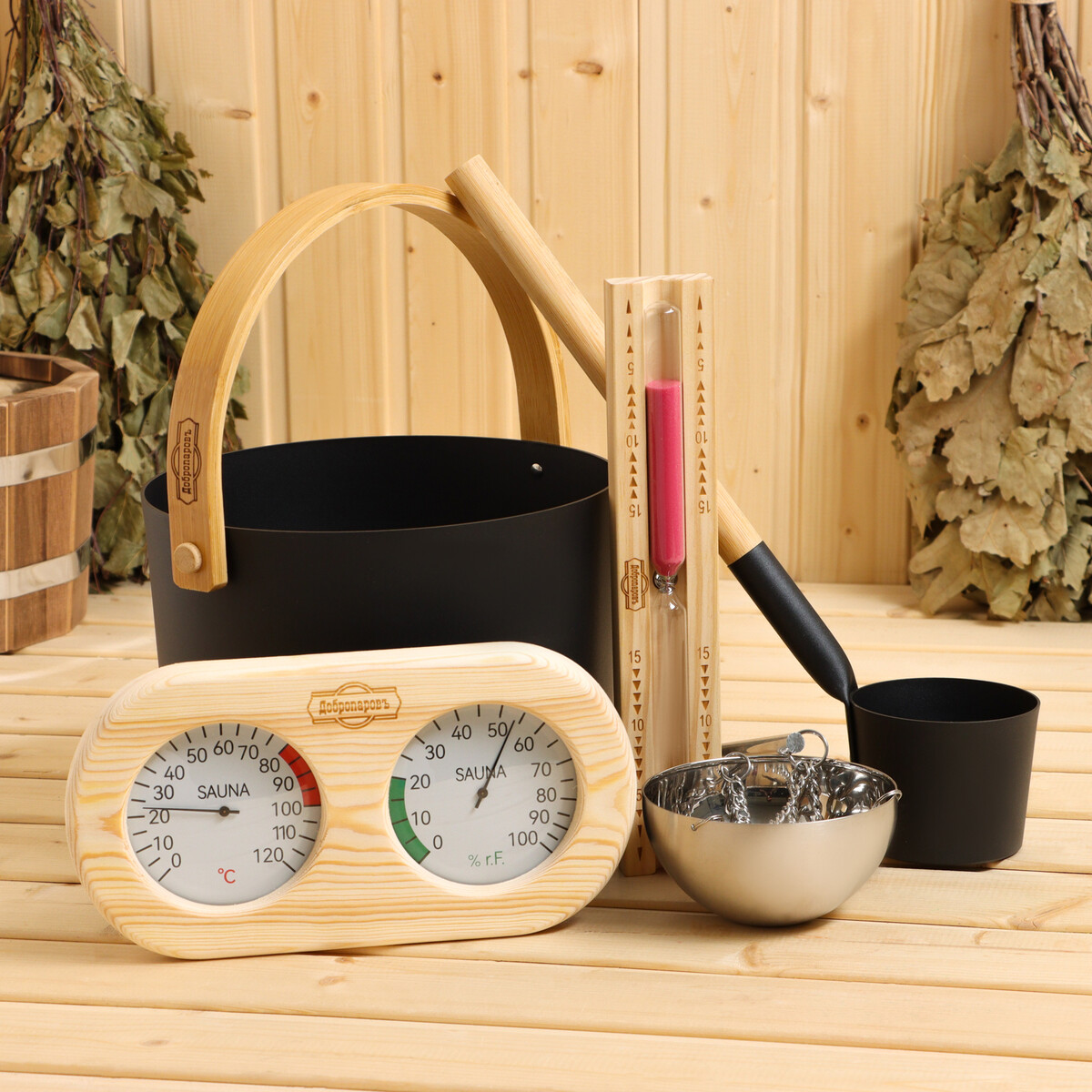 Набор для бани 5 в 1: ведро 7 л, ковш, песочные часы, термометр-гигрометр, аромачаша 400 мл термометр гигрометр для бани