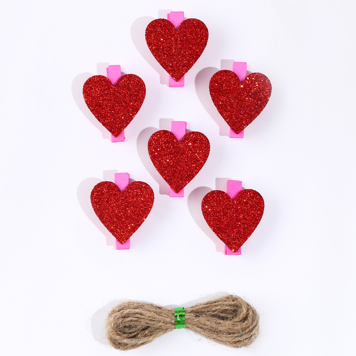 Прищепки розовые с красными сердечками, 3.5 см, набор 6 шт. прищепки с веревочкой еда 10 шт