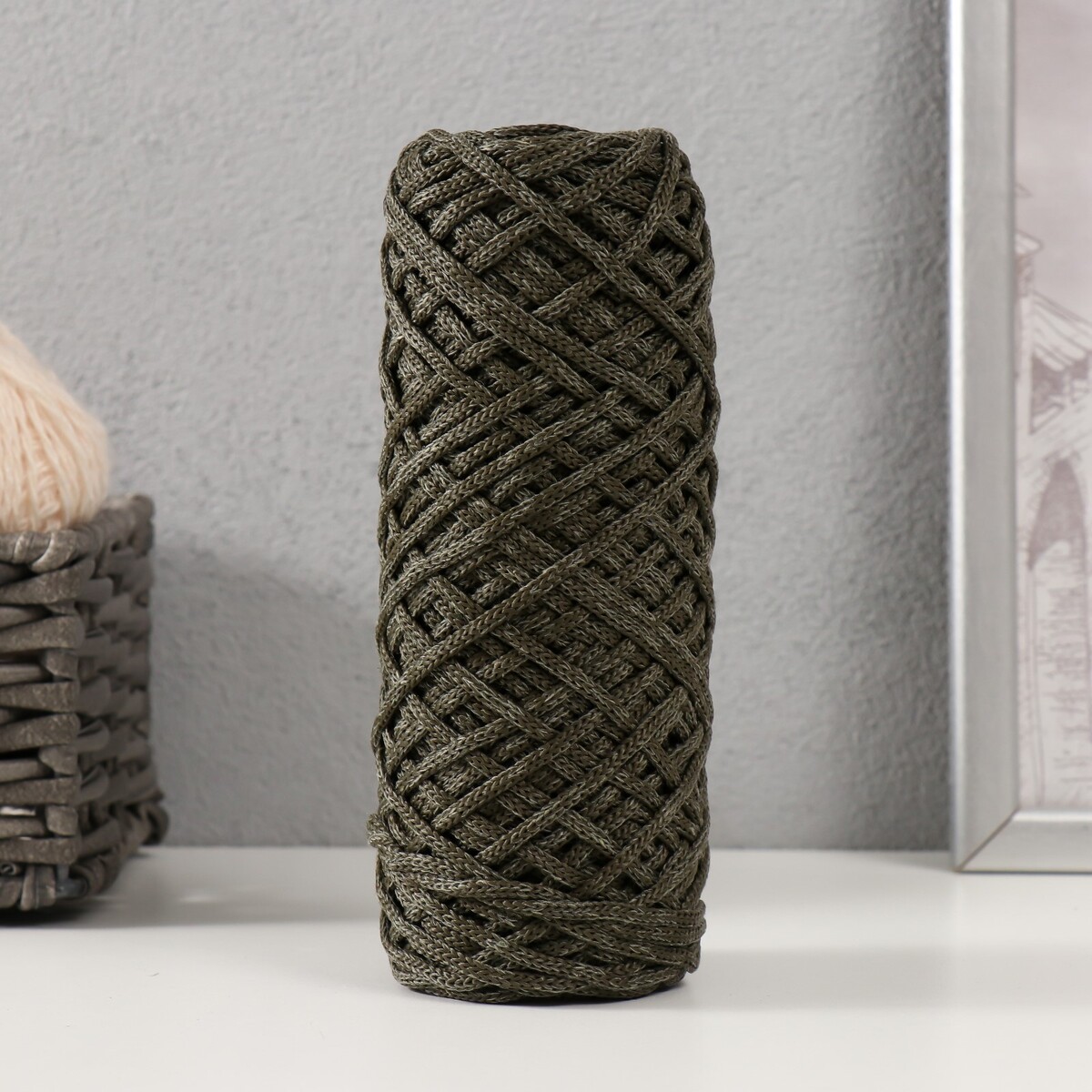 Шнур для вязания 35% хлопок,65% полипропилен 3 мм 85м/160±10 гр ( хаки/болотный)