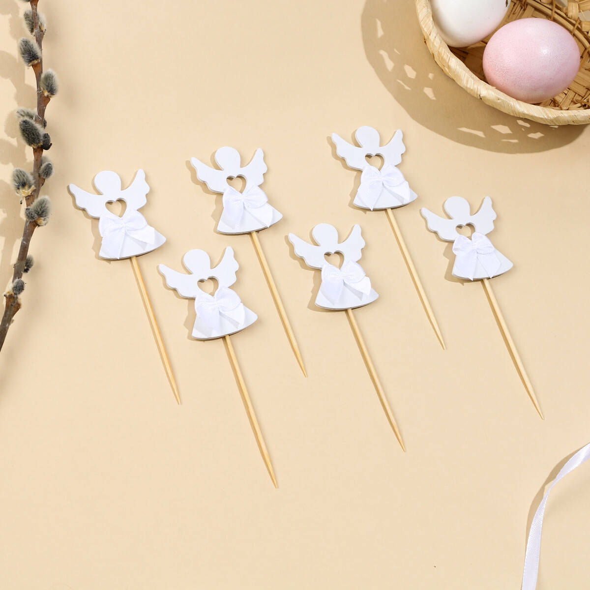

Топпер ангел с бантиком, набор 6 штук, Белый