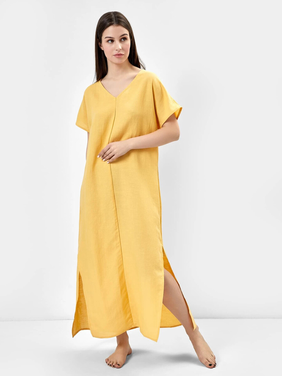 Платье женское домашнее макси из премиального льна и вискозы в желтом цвете полуприлегающее платье из вискозы молочного а в очек