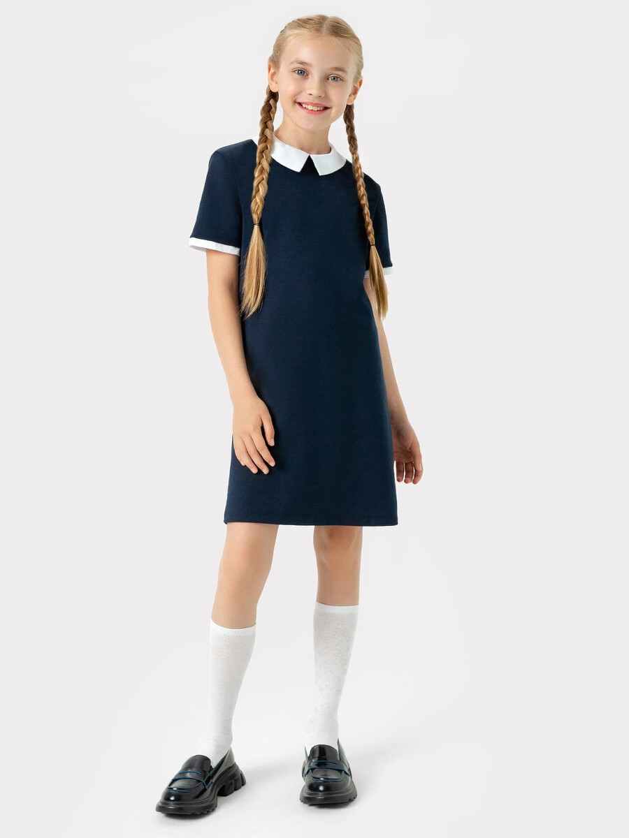 Платье синее с белым воротником и вставкой в рукавах для девочек платье с отложным воротником
