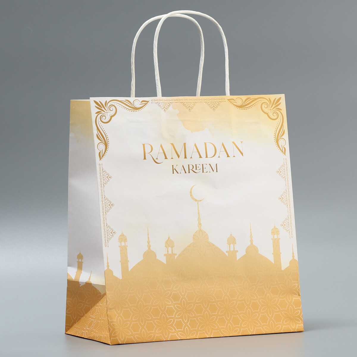 

Пакет подарочный крафтовый ramadan kareem, 22 х 25 х 12 см, Белый;бежевый