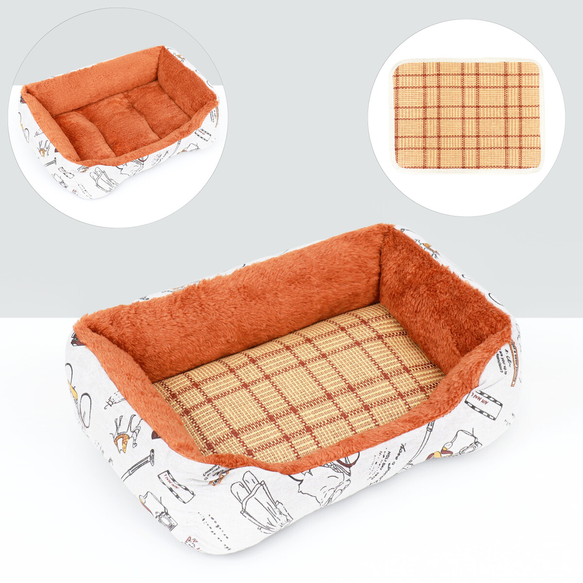 Лежанка для животных + ротанговый коврик, двухсторонняя подушка, 45 х 30 х 15 см лежанка для животных ротанговый коврик 45 х 30 х 15 см бежево серая
