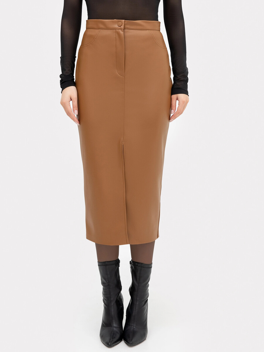 Юбка женская миди коричневая из экокожи сатиновая юбка миди с разрезами