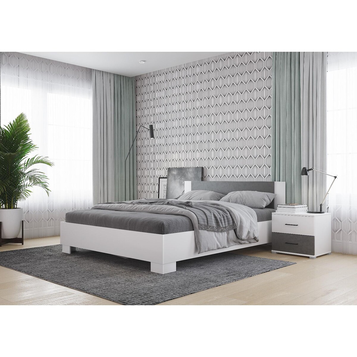 Кровать nova с/м 1600х2000, 1634х2058х785, белый/ бетон кровать
