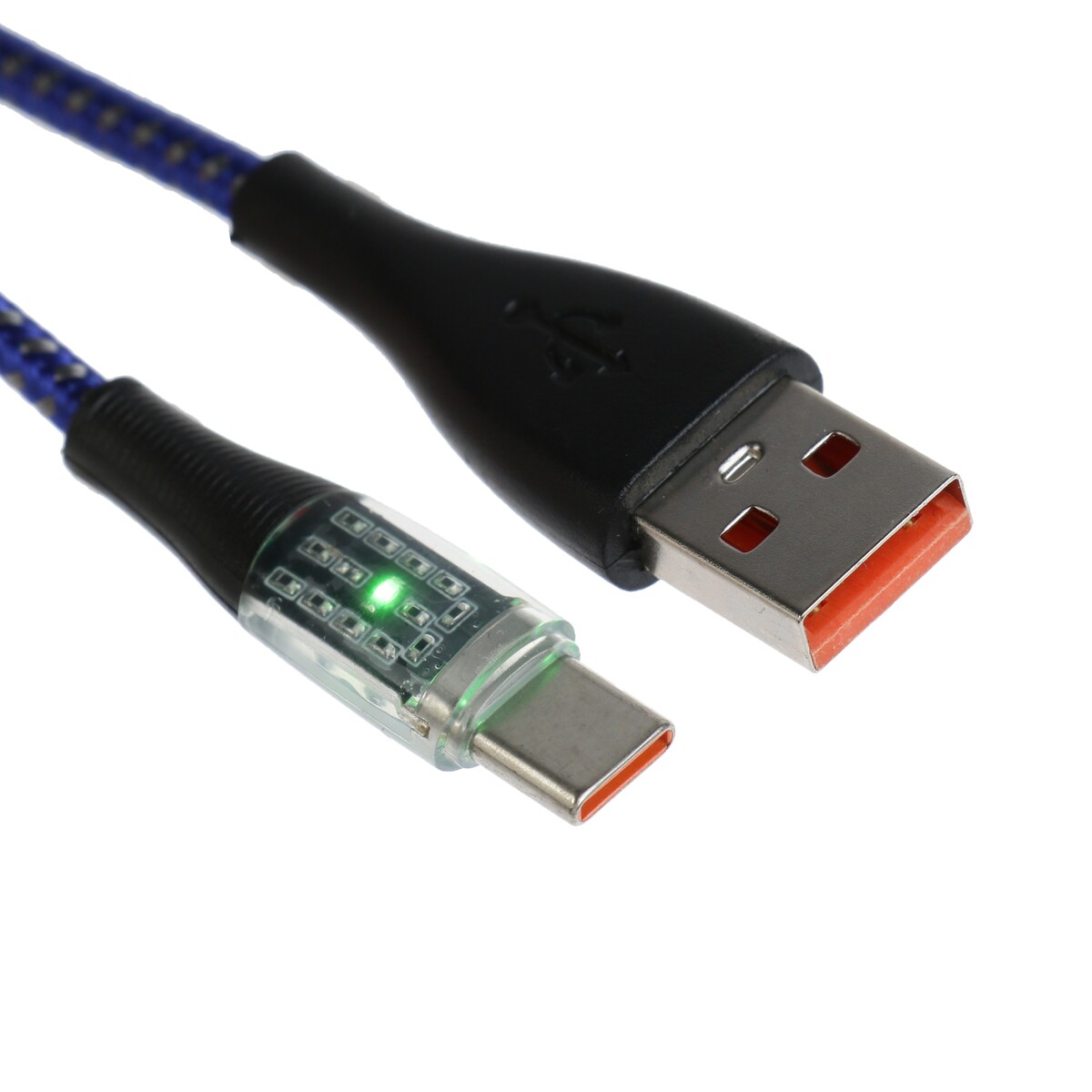 Кабель, 3 а, type-c - usb, прозрачный, оплетка нейлон, 1 м, синий кабель media gadget usb type c 2a 1 0m red mgc011trd