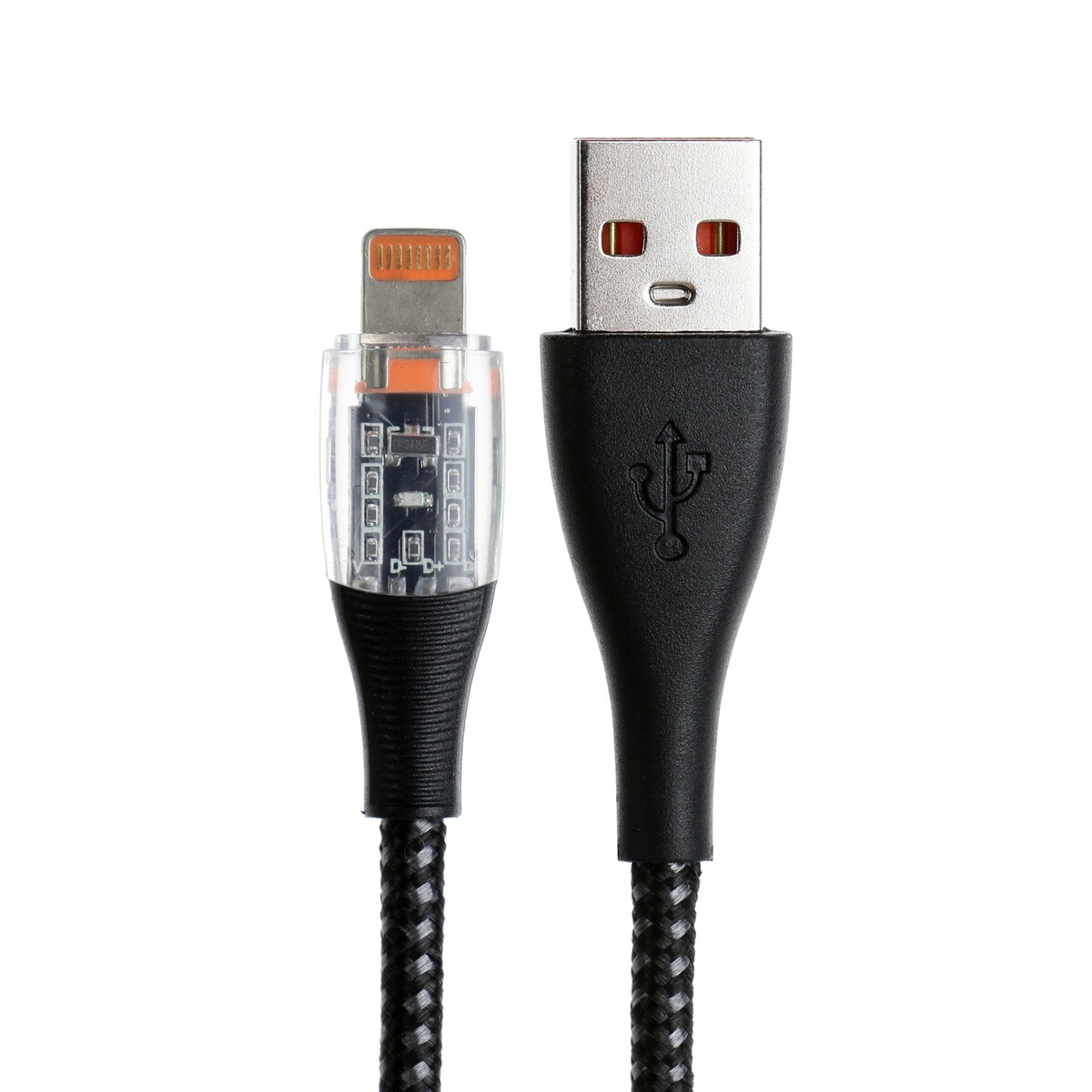 фото Кабель, 2 а, lightning - usb, прозрачный, оплетка нейлон, 1 м, черный no brand