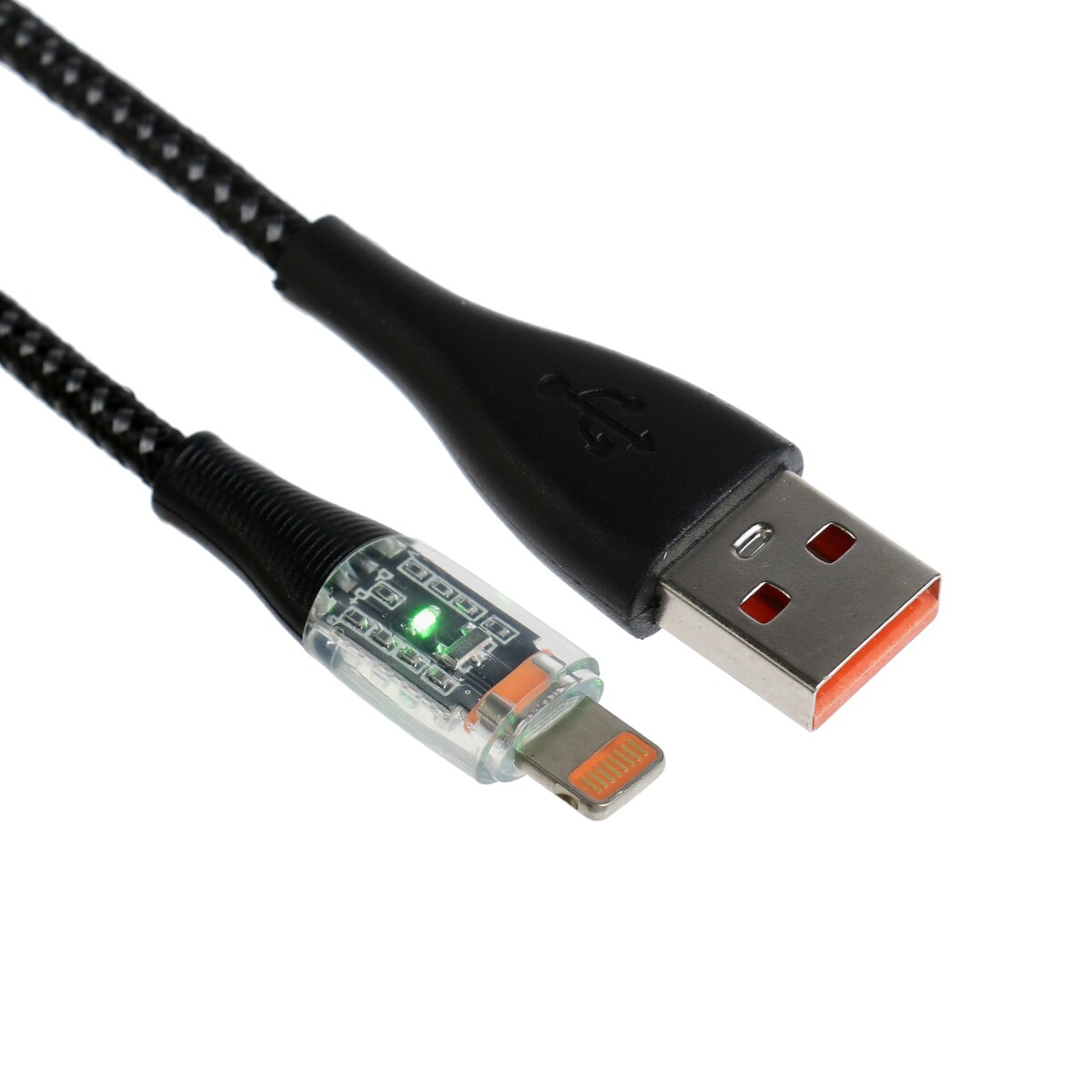 Кабель, 2 а, lightning - usb, прозрачный, оплетка нейлон, 1 м, черный