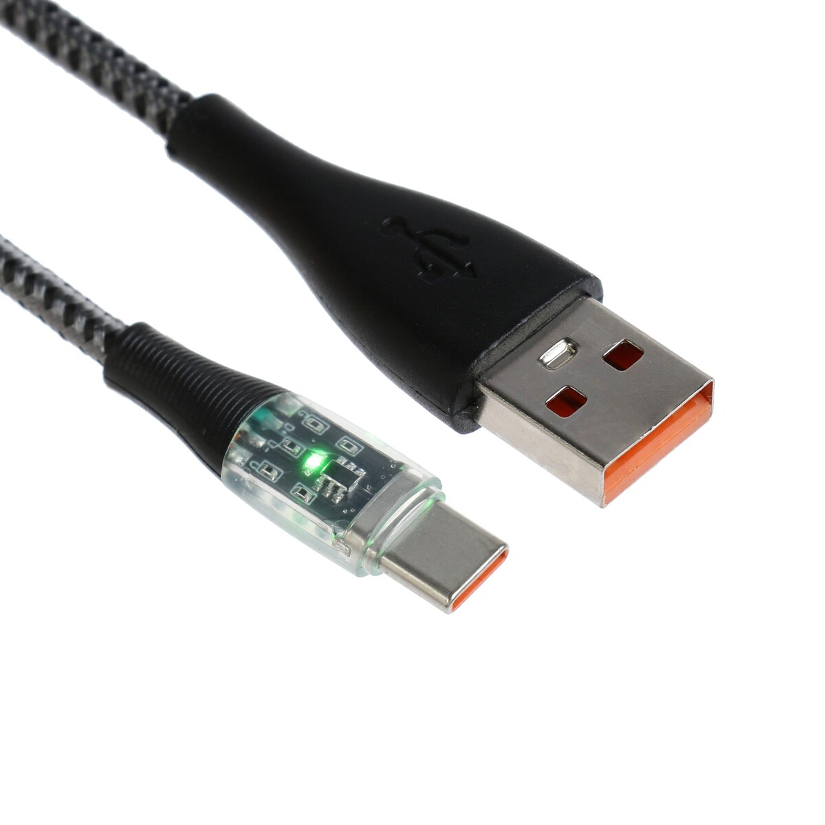 

Кабель, 3 а, type-c - usb, прозрачный, оплетка нейлон, 1 м, серый