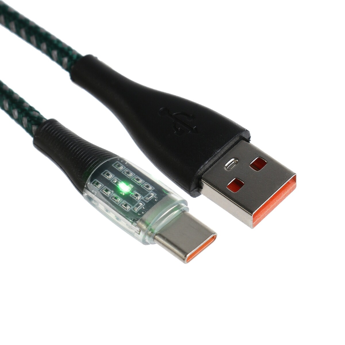 Кабель, 3 а, type-c - usb, прозрачный, оплетка нейлон, 1 м, зеленый кабель media gadget usb type c 2a 1 0m red mgc011trd