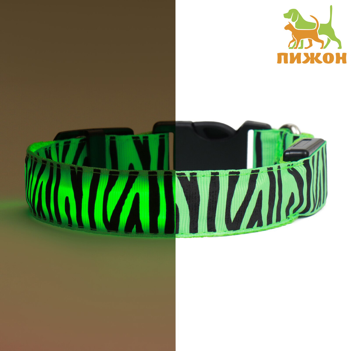 Ошейник с подсветкой тигр 3 режима свечения размер s, ош 22-40 х 2,5 см зеленый