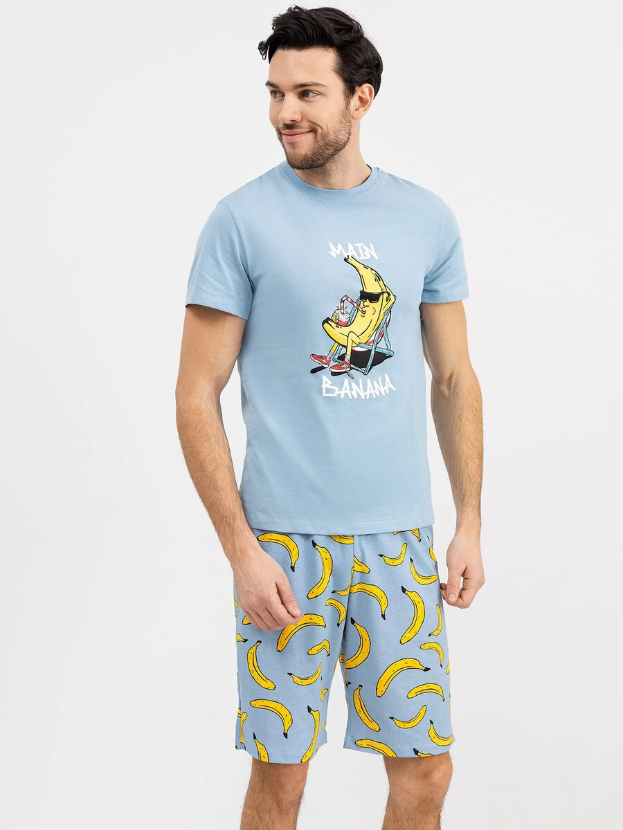 Хлопковый комплект (футболка и шорты) Mark Formelle, размер 54, цвет голубой +бананы на голубом