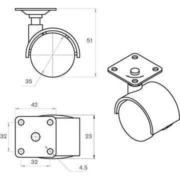 Колесо мебельное, d=35 мм, на площадке, 