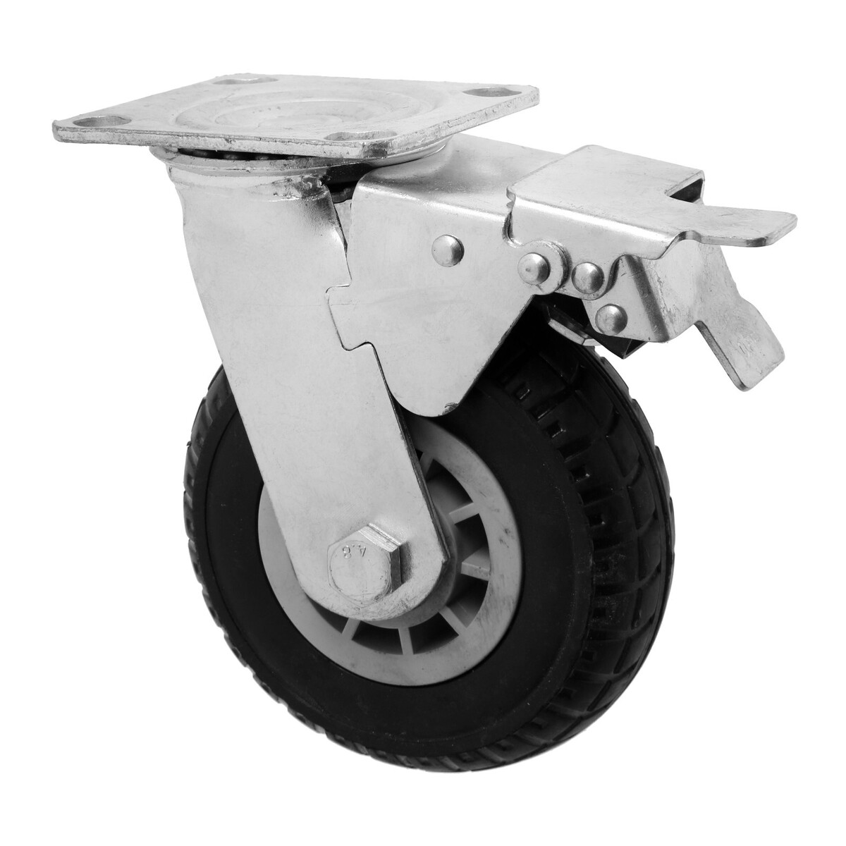 Колесо для транспортных тележек поворотное, d=150, на площадке, со стопором, покрытие резина 9917 колесо промышленное резина pr 100х30х126 мм поворотное мави про