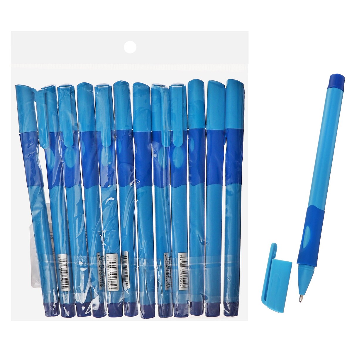 Набор шариковых ручек 12 штук, 0,7мм, корпус синий с резиновым держателем, чернила синие набор 12 шт ручка шариковая 1 0мм синяя с резиновым держателем штрихкод на штуке