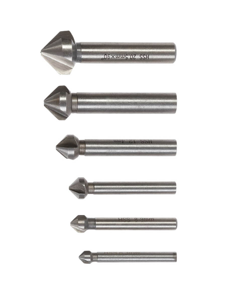 

Набор зенкеров тундра, 90°, hss, 6.3 - 8.3 - 10.4 - 12.4 - 16.5 - 20.5 мм, 6 шт.