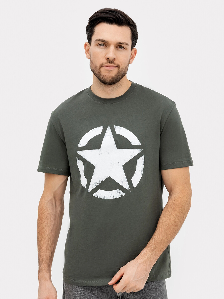 Футболка мужская зеленая с печатью футболка мужская в оливковом е