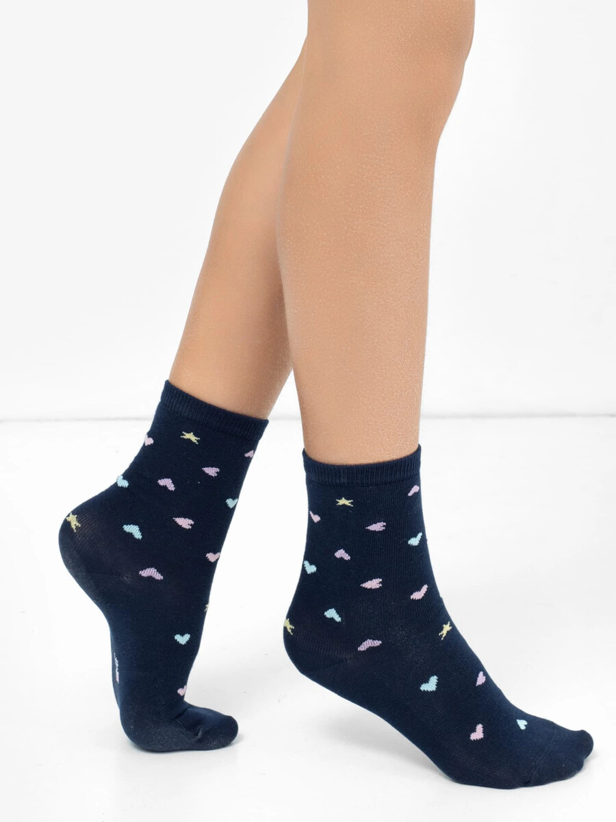 Высокие детские носки темно-синего цвета с сердечками и звездочками носки детские классические синие с рисунком с белыми звездочками