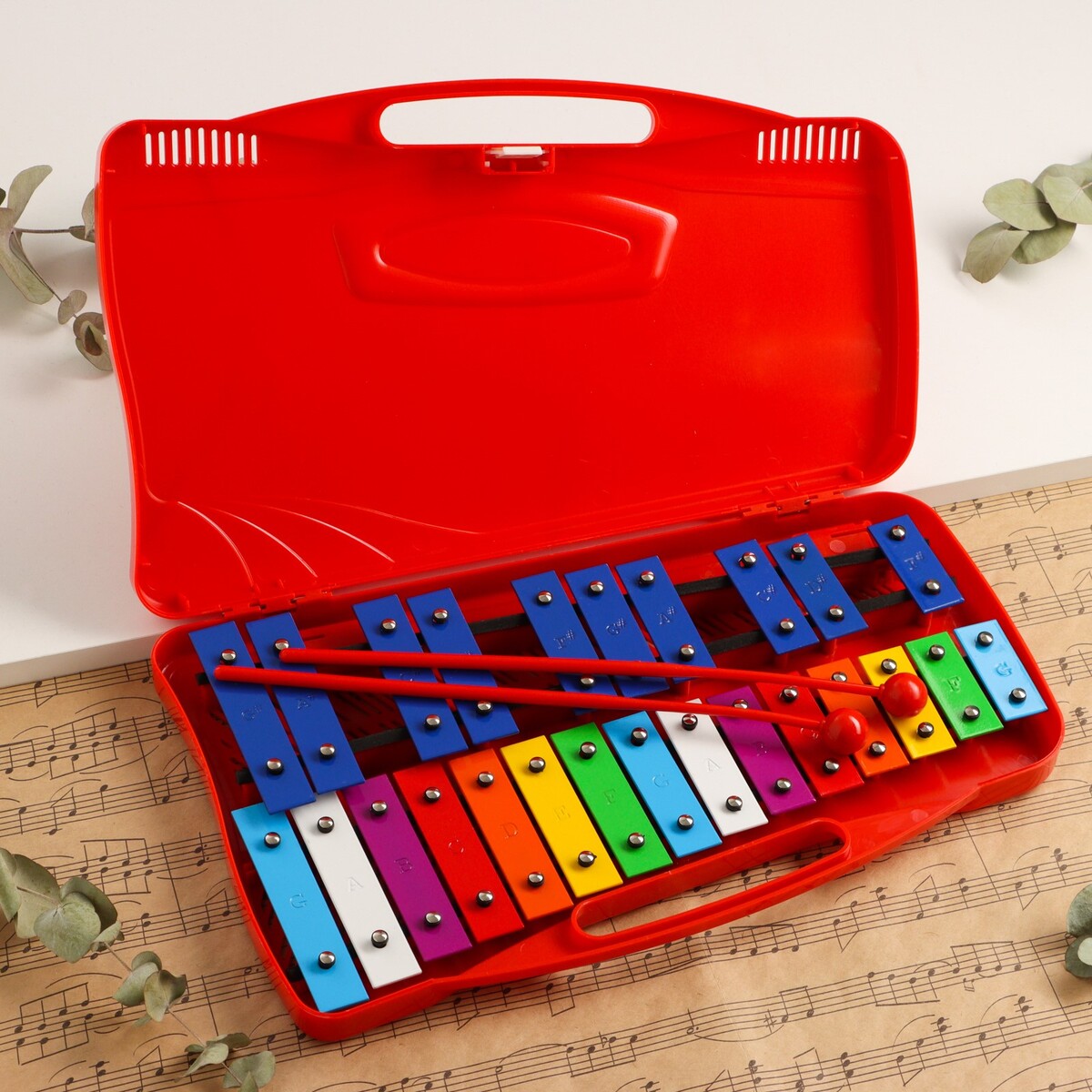 Музыкальный инструмент металлофон music life, 25 тонов, футляр, 2 палочки, красный игрушка азбукварик музыкальный поезд буковка а красный 4746992
