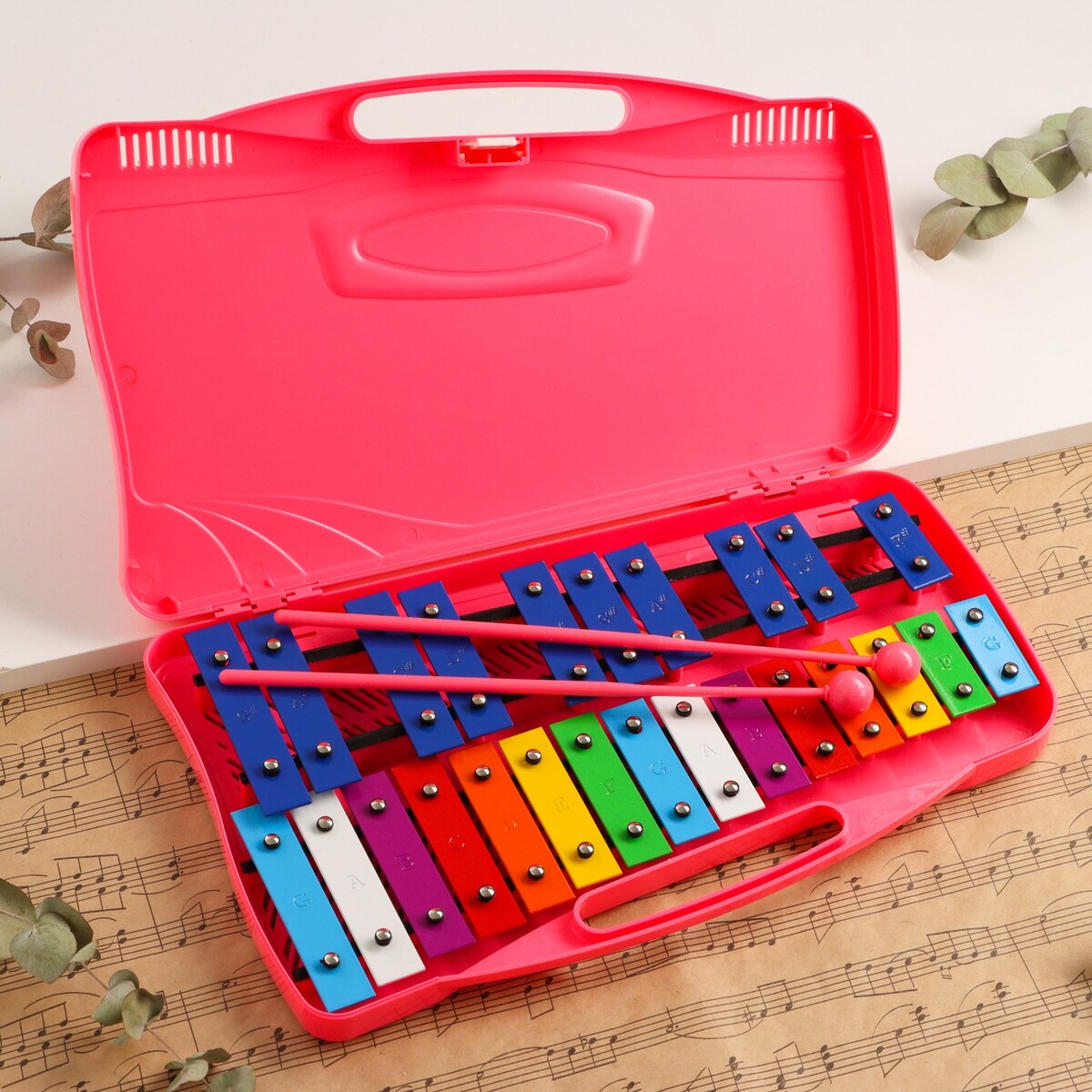 Музыкальный инструмент металлофон music life, 25 тонов, футляр, 2 палочки, розовый коврик музыкальный развивающий весёлые зверята розовый