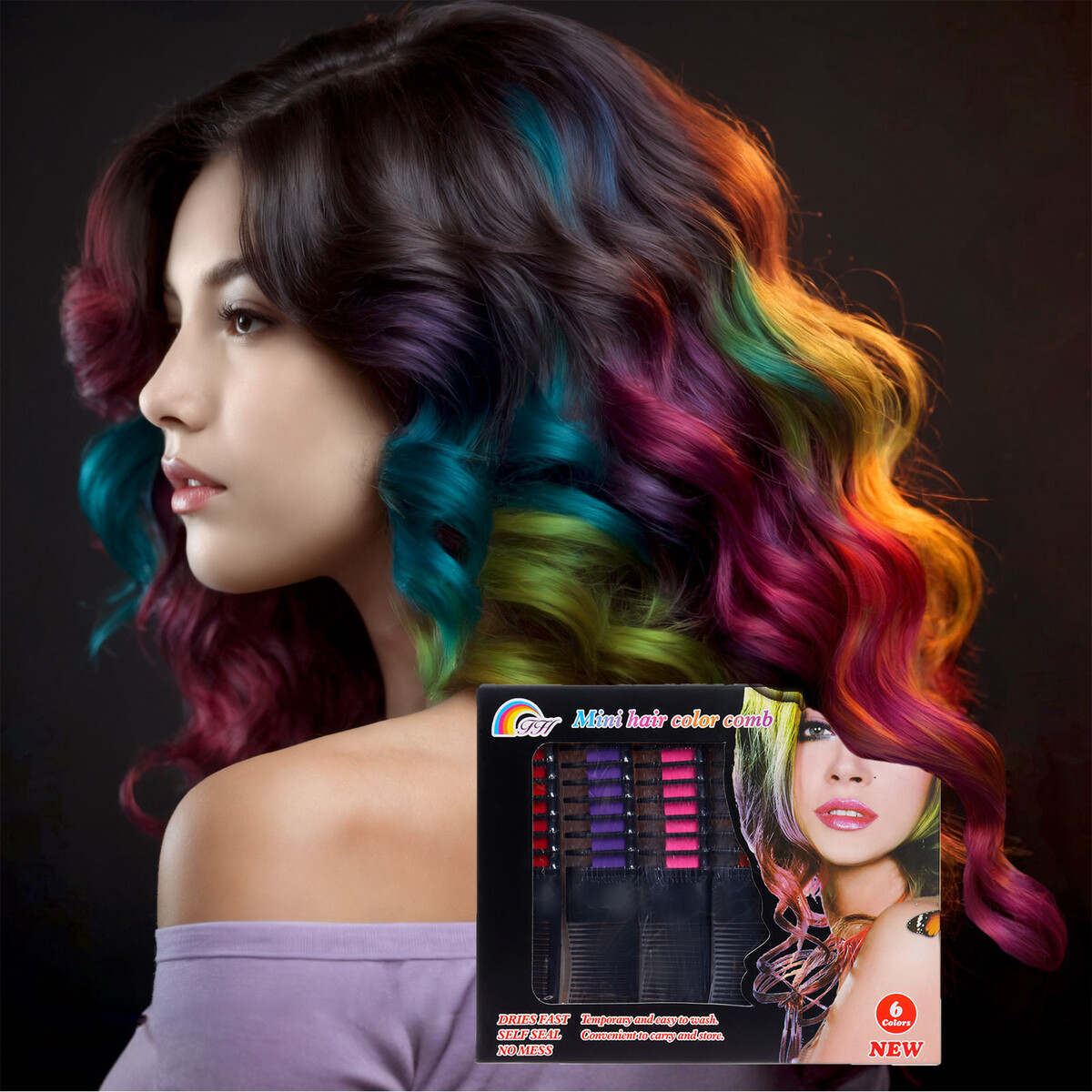 Мелки для волос с расческой, набор 6 цветов мелки для волос милая леди 61101 ml