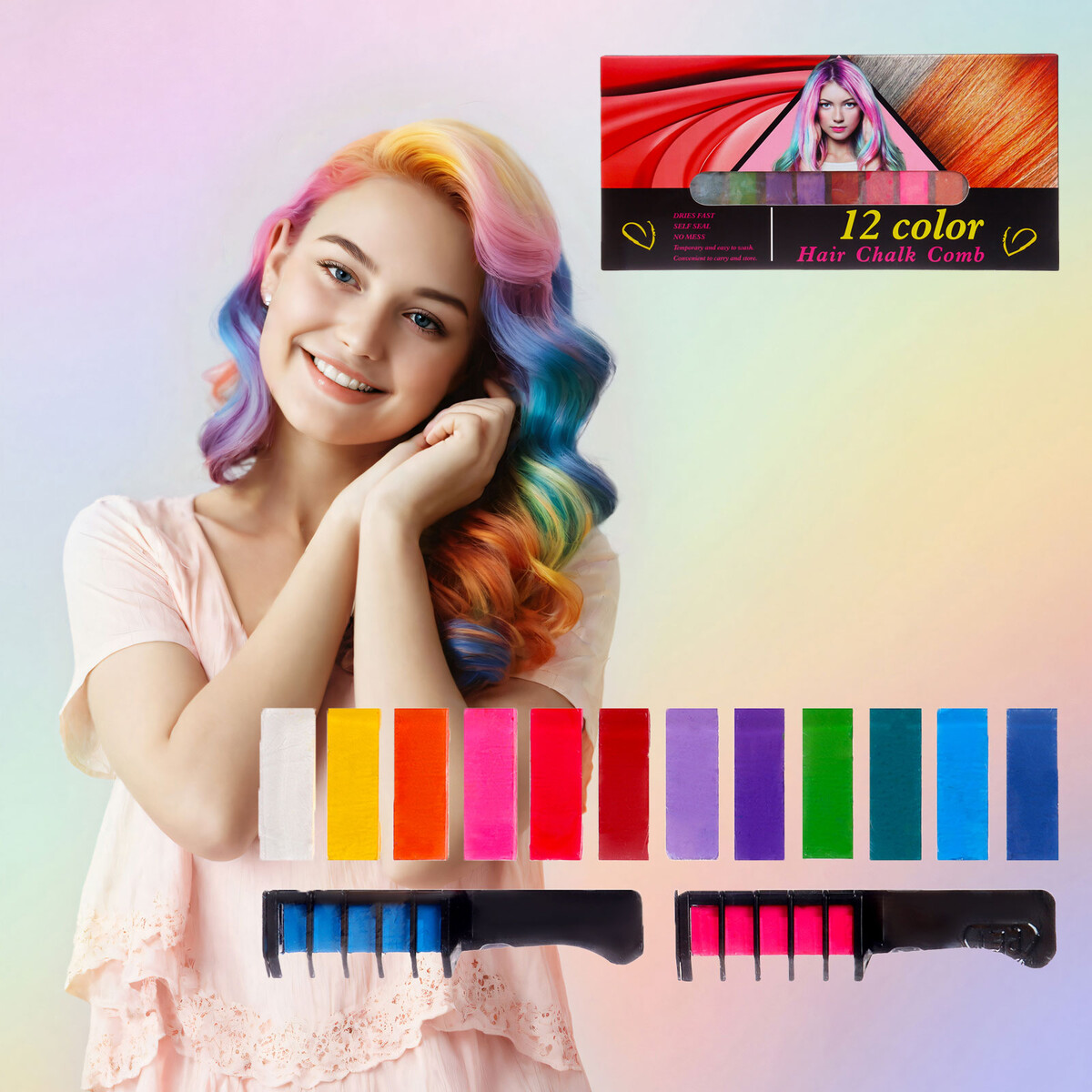 Мелки для волос с расческой, набор 14 цветов (2+12) набор нюдовых карандашей для губ 12 цветов матовые