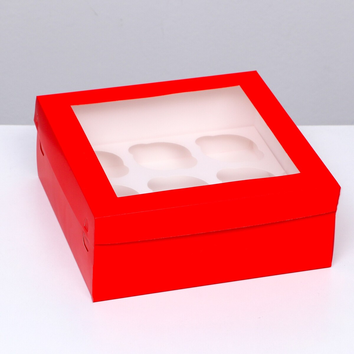 Упаковка под 9 капкейков с окном, красная, 25 х 25 х 10 см UPAK LAND, цвет красный
