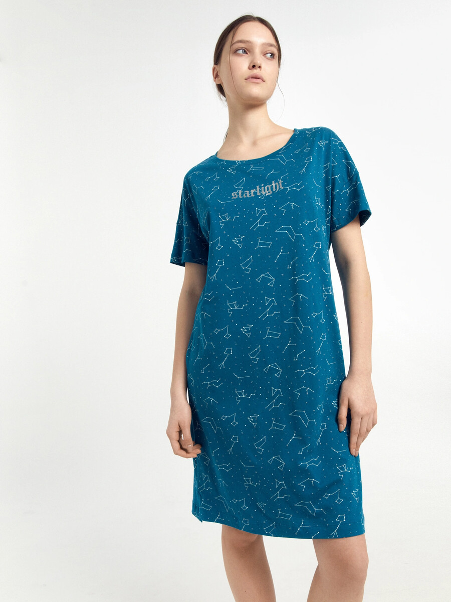 Сорочка ночная женская бирюзово-голубая с созвездиями miko yumi пижама женская оверсайз футболка и короткие шорты sp 1795