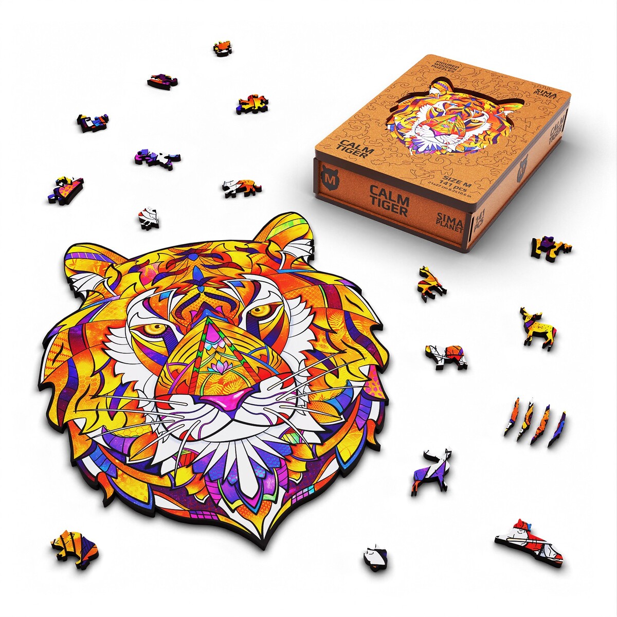 Пазл фигурный деревянный calm tiger, размер 21х27 см, 141 деталь hobby day 3d пазл магический кристалл слон 41 деталь