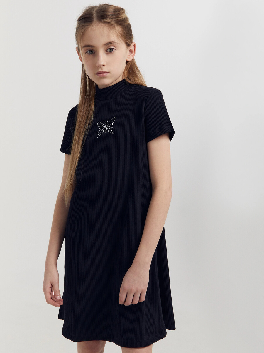 Платье для девочек в черном цвете с печатью джемпер белого а в горошек с воротником стойкой для девочек