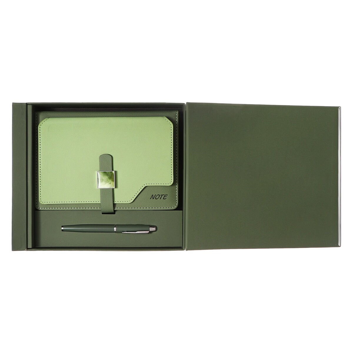Органайзер на кольцах а6+, 80 листов, кожзам, c хлястиком, линия, с ручкой, в подарочной коробке, зеленый