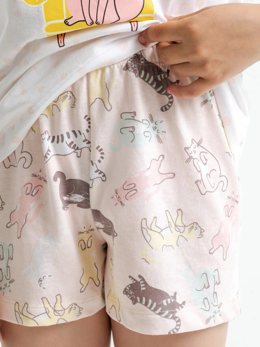 Пижама для девочек (футболка, шорты) Mark Formelle, цвет горошек на белом +котики на розовом 010323983 - фото 5