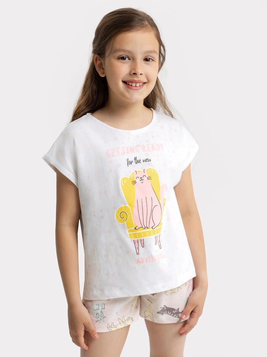 Пижама для девочек (футболка, шорты) Mark Formelle, цвет горошек на белом +котики на розовом 010323983 - фото 2