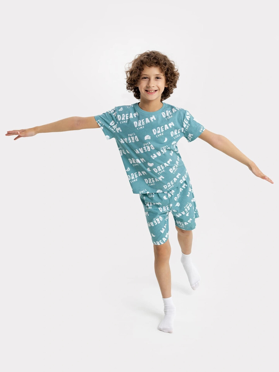 

Комплект для мальчиков (футболка, шорты), Бирюзовый;надписи на бирюзе