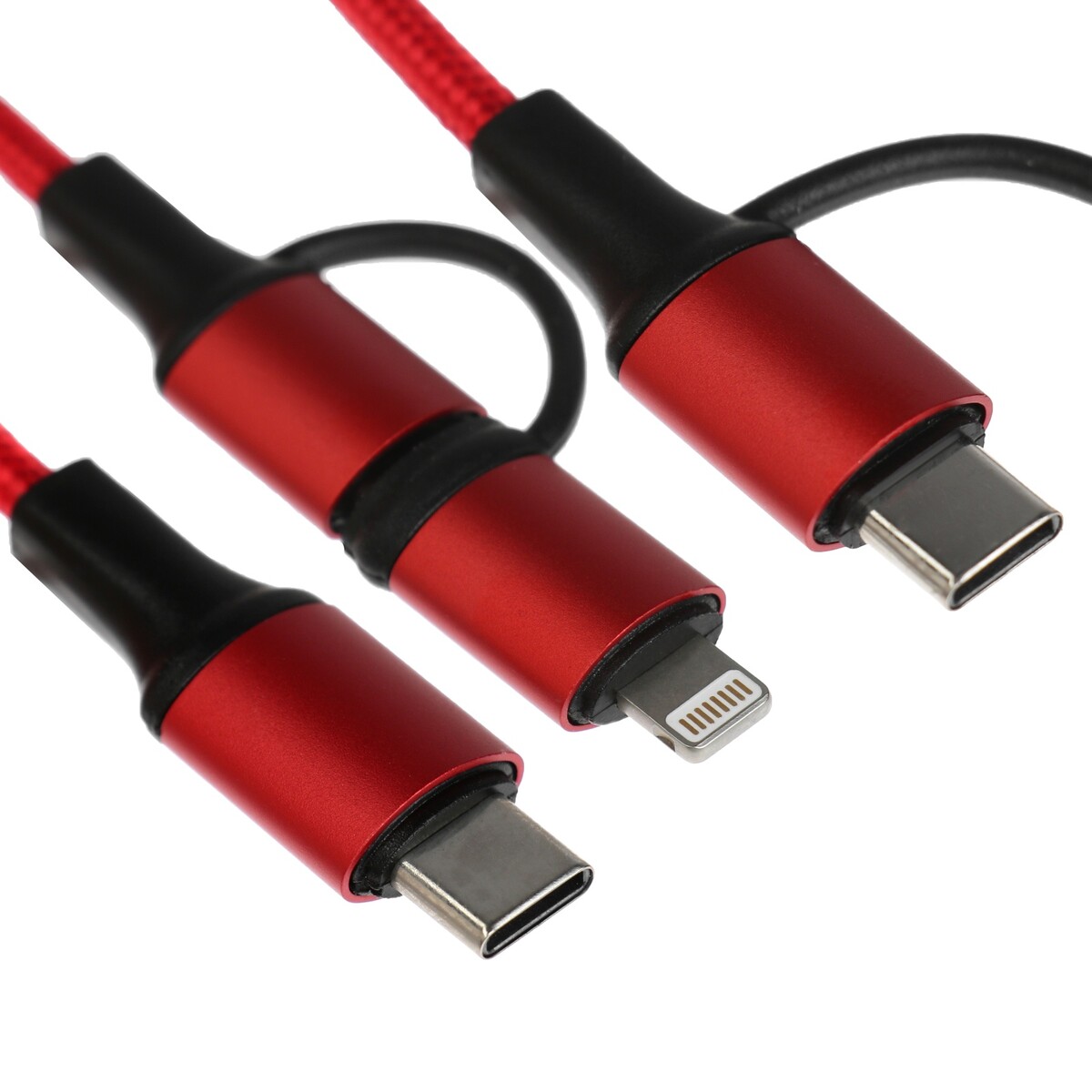 Кабель 2 в 1, type-c - type-c/lightning, 60 w, 3 а, оплетка ткань, 1 метр, красный дата кабель mb mobility type c lightning 3а красный ут000025656