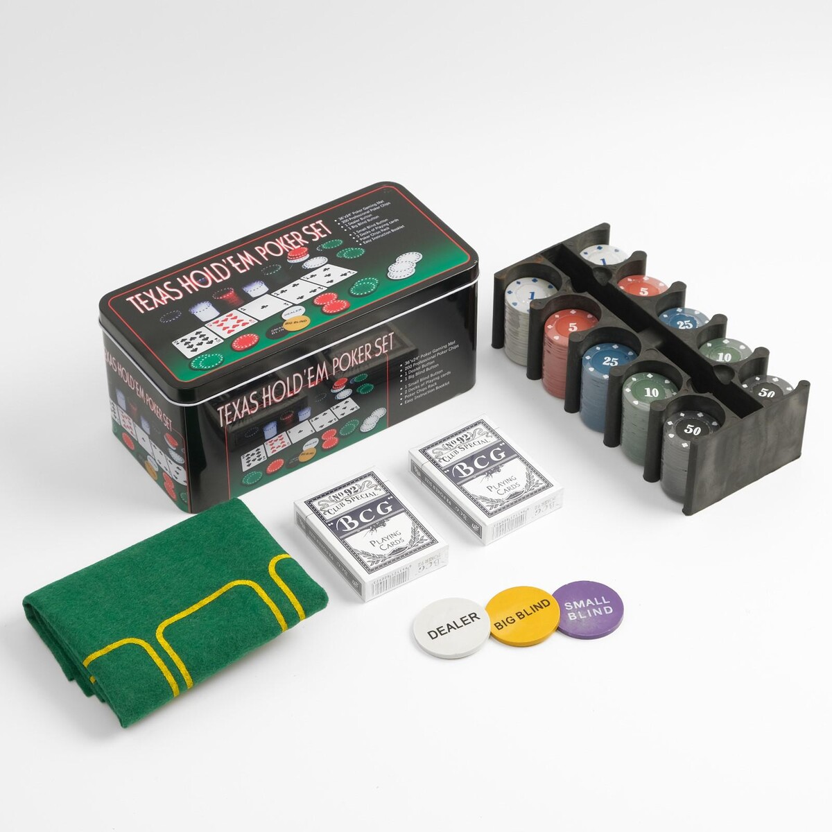 Покер, набор для игры (карты 2 колоды, фишки 200 шт.), с номиналом, 60 х 90 см No brand 010577707 - фото 1