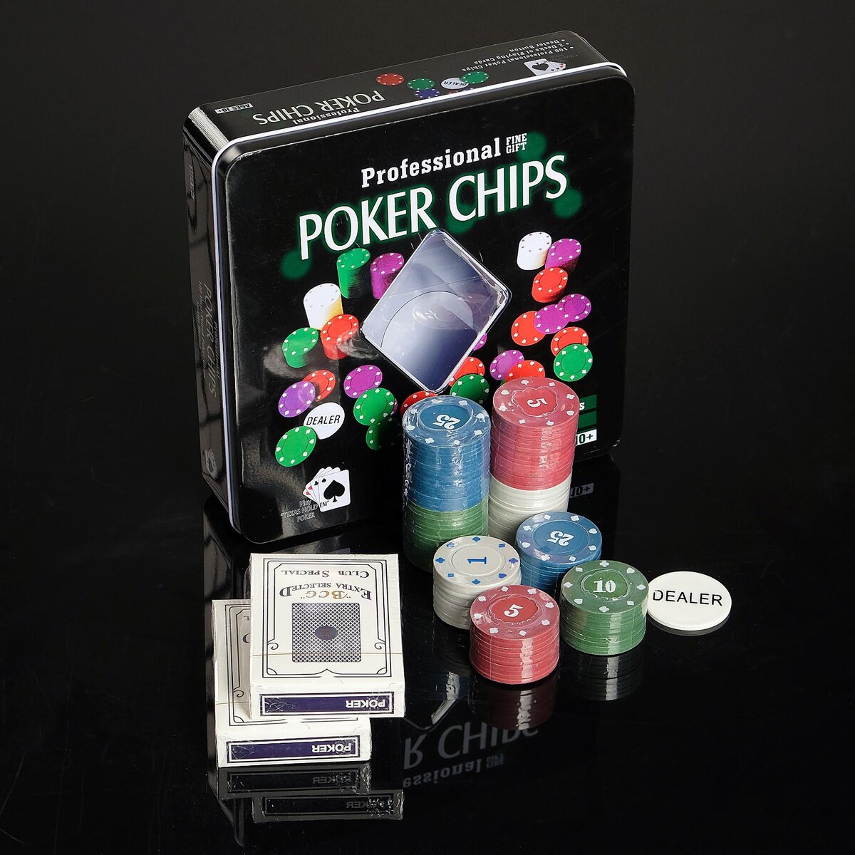 Покер, набор для игры (карты 2 колоды, фишки 100 шт.), с номиналом, 20 х 20 см фишки для игры в нарды дерево d 2 см